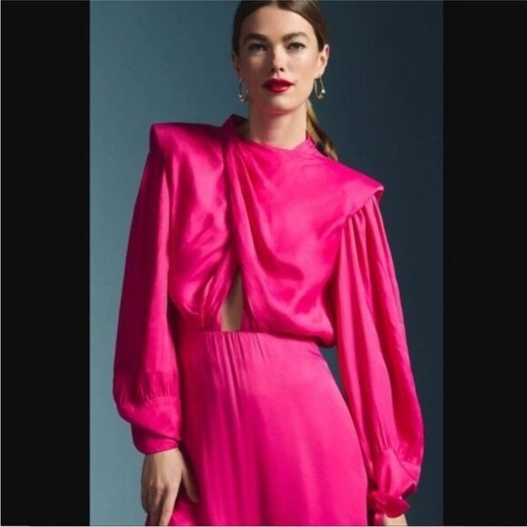 NEW! Farm Rio x Anthropologie Maxi/Midi Pink/ Long-Sleeve Cutout/Keyhole Satin - Picture 3 of 15